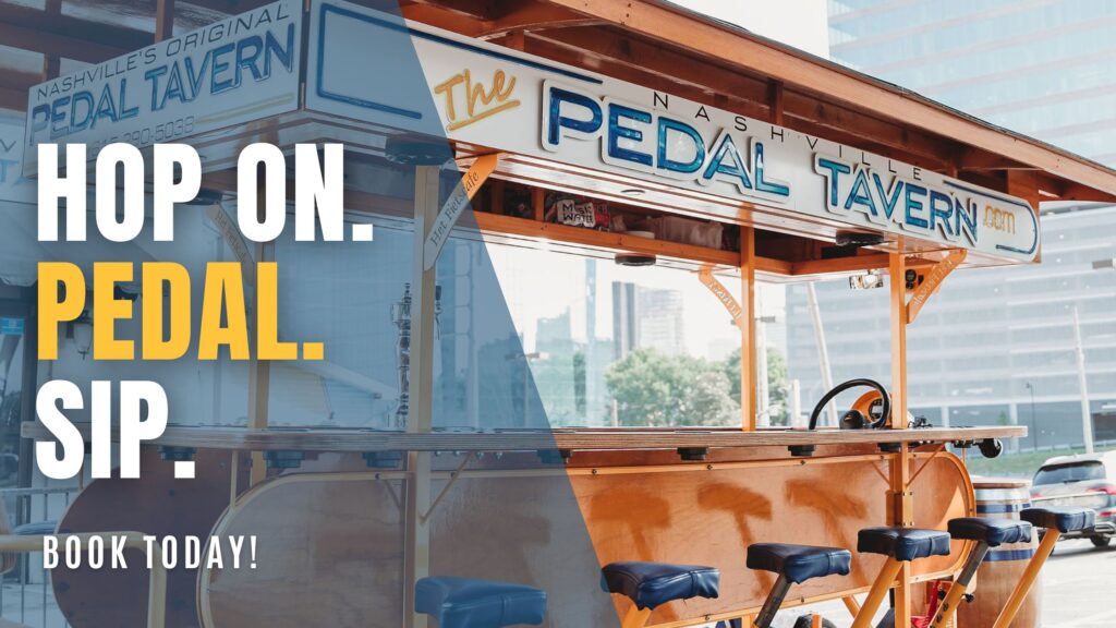 Hop on. Pedal. Sip. Wooden Nashville Pedal Tavern bike