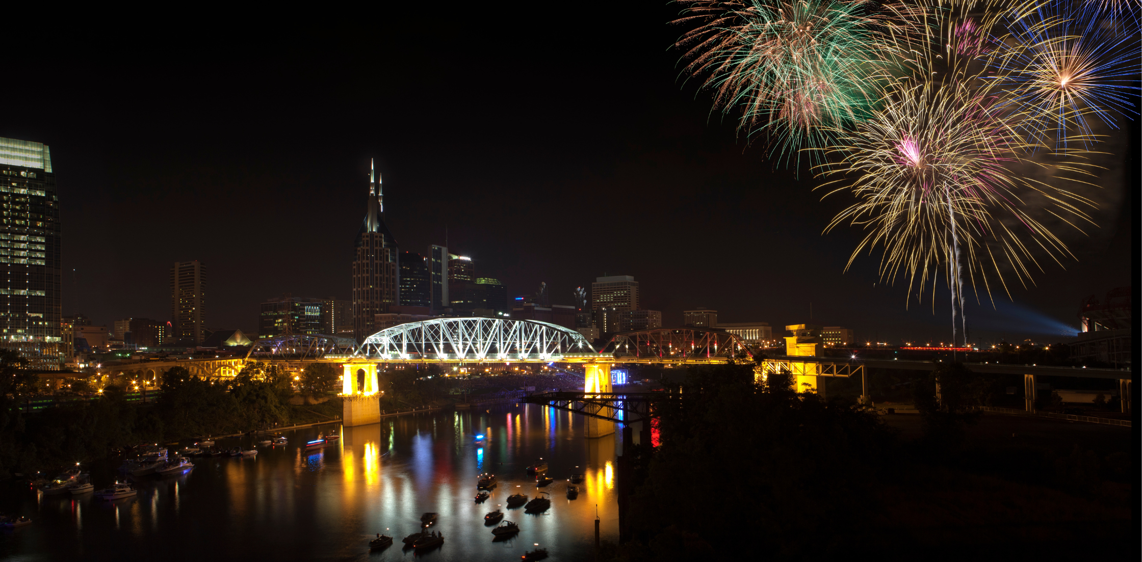 Fourth of July fireworks over the Nashville downtown skyline and bridge