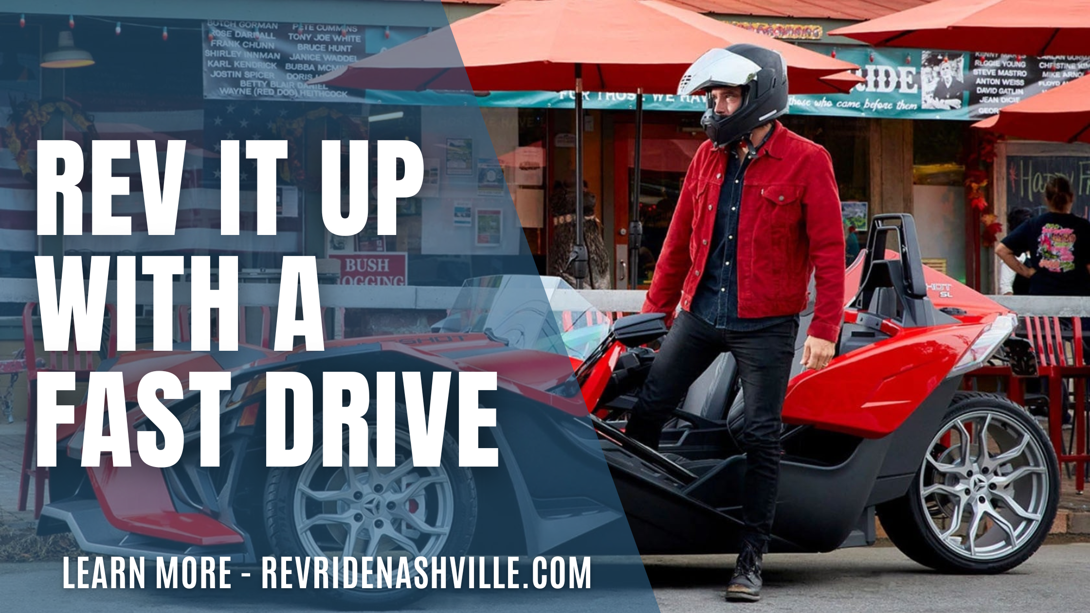 man in a red jacket standing in front of a red slingshot vehicle; text overlay says rev it up with a fast drive